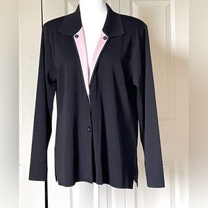 Misook Large black contemporary acrylic knit blazer/sweater with pink lapel.